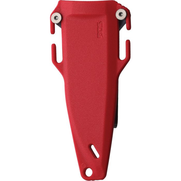 SOG17790257 Gray TiNi coated 154CM stainless clip point blade. Canyon Red GRN handle.   UMS sheath. Black Kydex MOLLE compatible belt sheath.