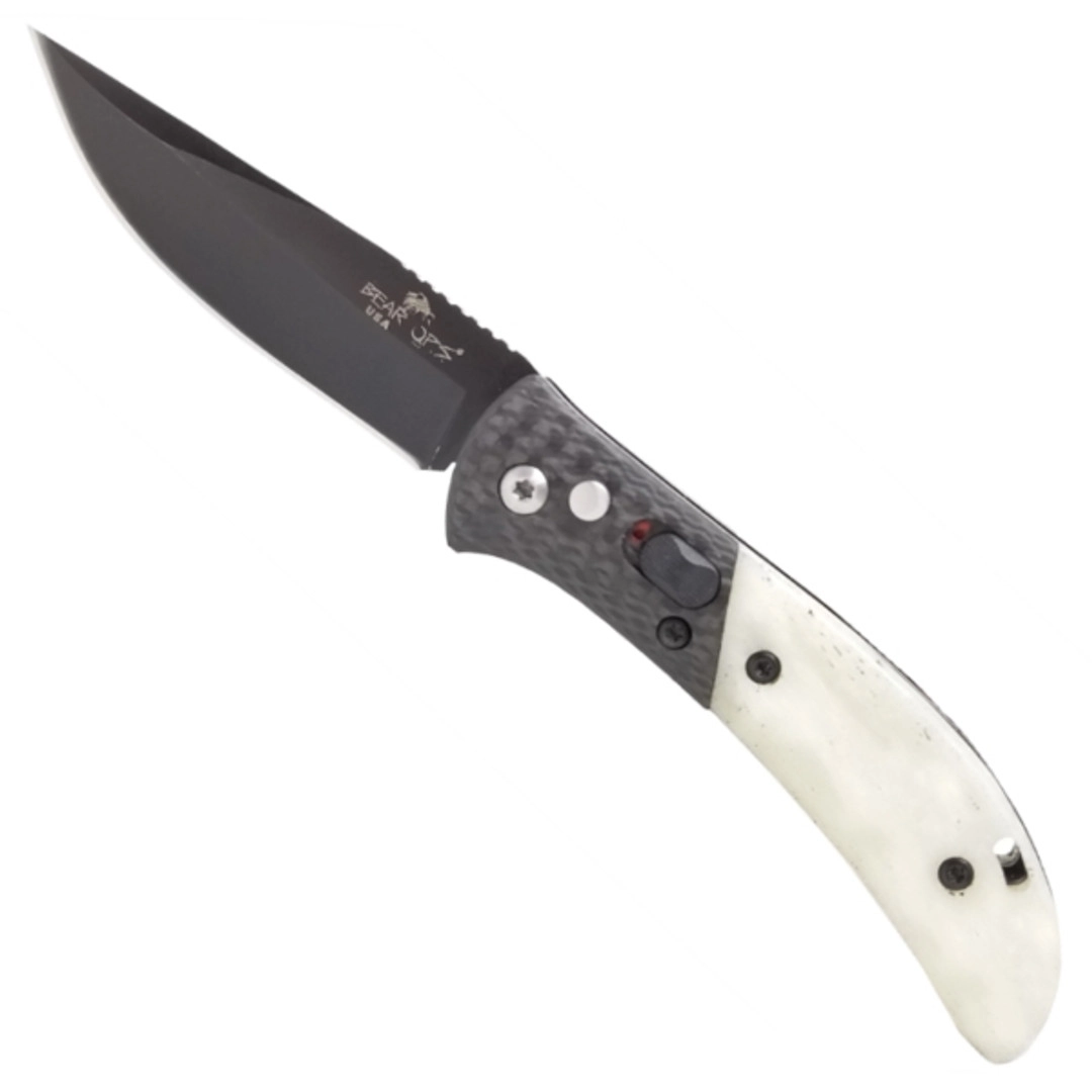 BEAR OPS - BOLD ACTION IX COMPACT SMOOTH WHITE BONE/CARBON FIBER AUTO KNIFE, BLACK BLADE