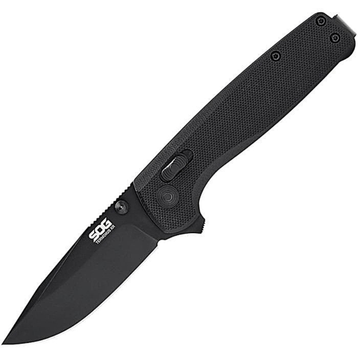 SOGTM1027BX Black finish D2 tool steel blade. Black G10 handle