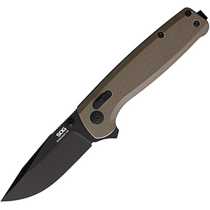 SOGTM1048BX Black finish D2 tool steel blade. Tan G10 handle