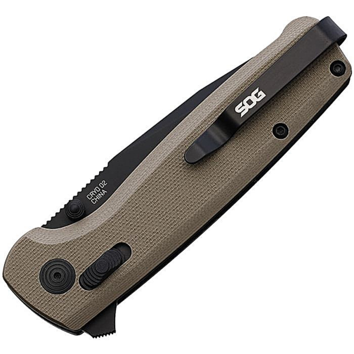 SOGTM1048BX Black finish D2 tool steel blade. Tan G10 handle