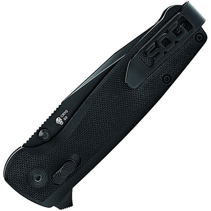 SOGTM1027BX Black finish D2 tool steel blade. Black G10 handle