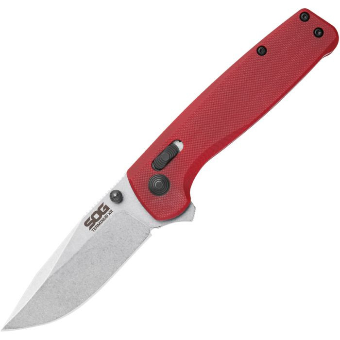 SOGTM1023BX Stonewash finish CTS-BDZ1 stainless blade. Red textured G10 handle