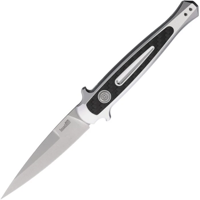 KS7150RAW Auto Launch 8 stonewash finish CPM-154 stainless blade. Raw aluminum handle with carbon fiber inlay