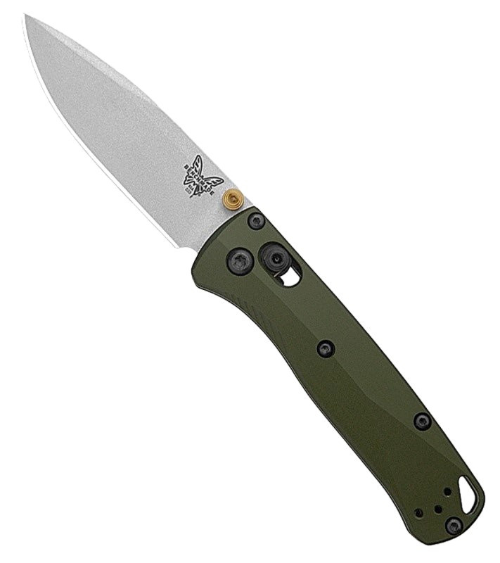 533SL-10 Mini Bugout Crushed Silver Cerakote CPMS90V Drop Point Blade / Woodland Green Aluminum Handle