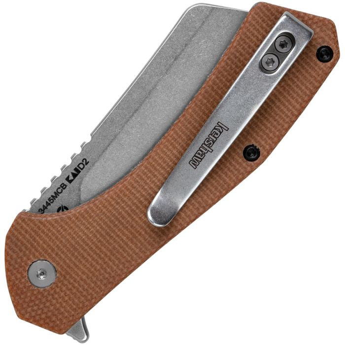 KS3445MCB  Static Framelock  stonewash finish D2 tool steel blade. Brown micarta handle