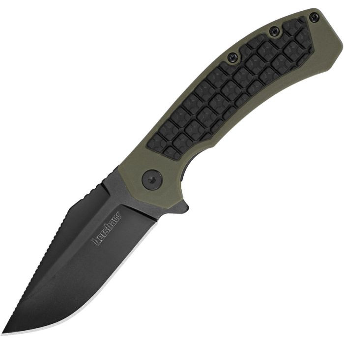 KS8760 Faultline Linerlock black oxide coated 8Cr13MoV stainless blade. Green GRN handle with black rubber insert