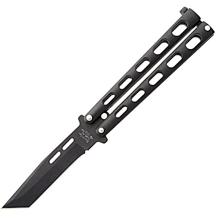 BC115TANB 5" (12.7cm) closed. 3.75" (9.53cm) black powder coated 1095HC steel tanto blade. Black powder coated zinc handle.