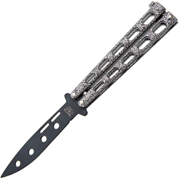 BC115TR 5" (12.7cm) closed. 3.38" (8.59cm) black powder coated 1095HC steel blade. Silver powder coated zinc handle. Pocket clip.