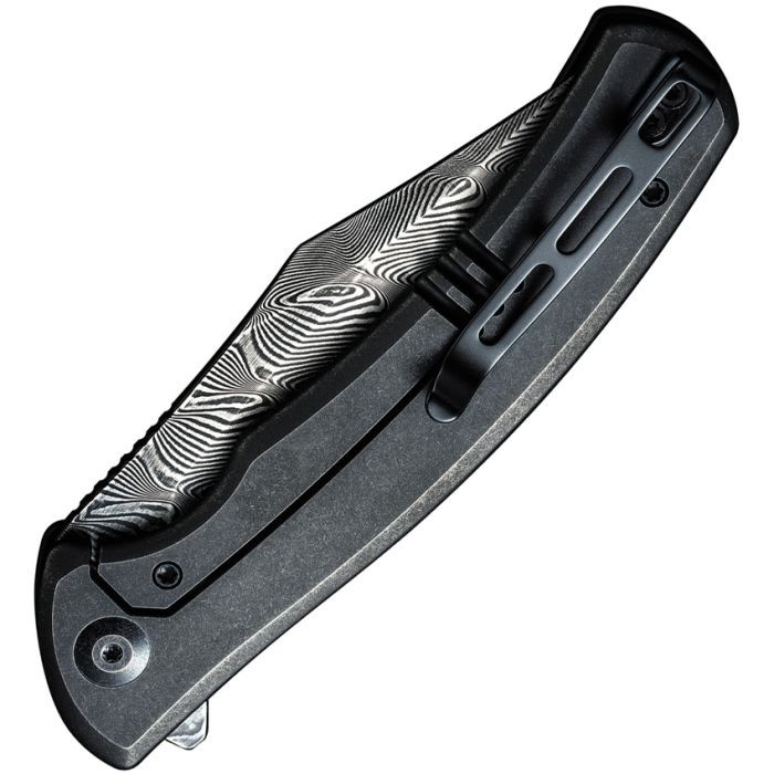 Sinisys Flipper Knife Carbon Fiber Overlay G10 / Stainless Steel Lock Side Handle Damascus Blade