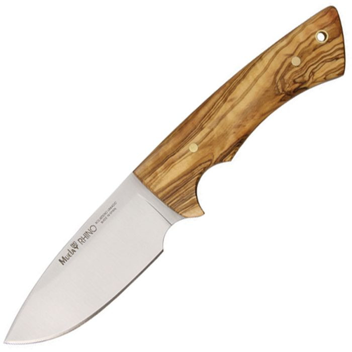 MUE91641 8 7/8" overall. 4" 440 stainless Vanadium Molybdenum drop point blade. Full tang. Olive wood handles with finger guard. Lanyard hole. Embossed dark brown leather belt sheath.