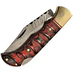 Grooved Lockback Damascus Steel Pocket Knife - Red