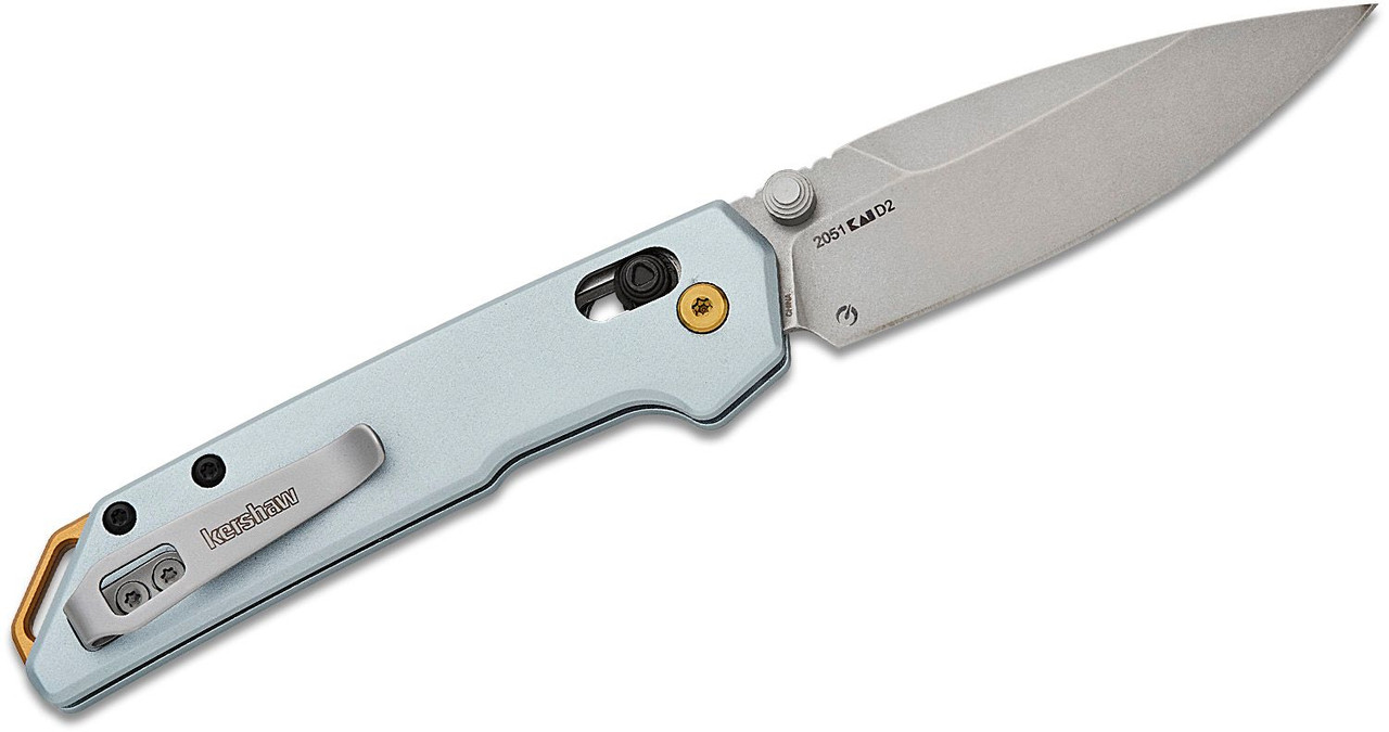 Kershaw 2051 Mini Iridium DuraLock KVT Folding Knife 3" D2 Stonewashed Spear Point Blade, Ice Blue Aluminum Handles, Reversible Clip, AXIS/Crossbar Lock