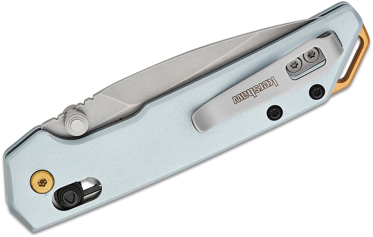 Kershaw 2051 Mini Iridium DuraLock KVT Folding Knife 3" D2 Stonewashed Spear Point Blade, Ice Blue Aluminum Handles, Reversible Clip, AXIS/Crossbar Lock