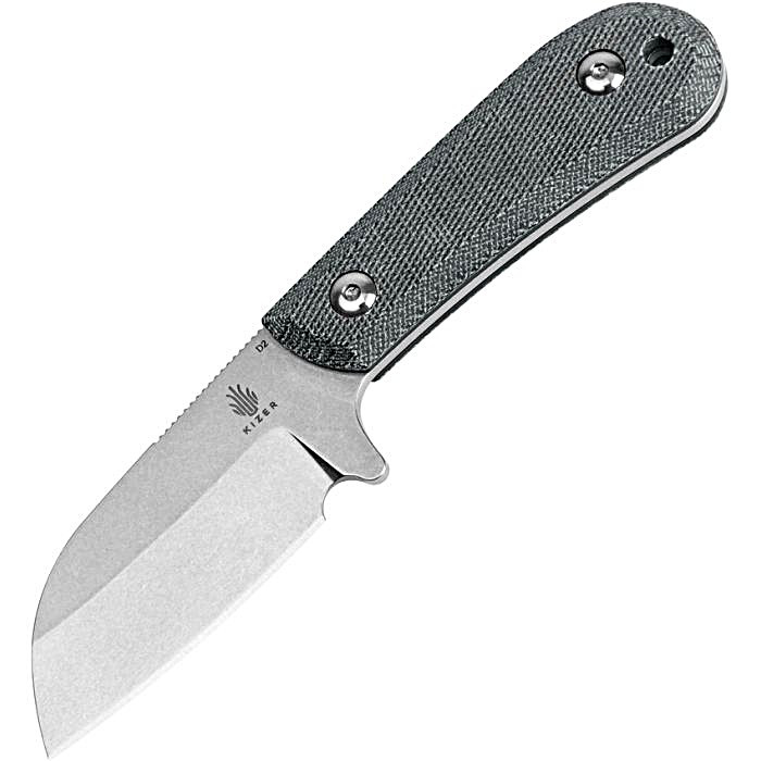 KI1062A1 6.25" (15.88cm) overall. 3" (7.62cm) black stonewash finish D2 tool steel sheepsfoot blade. Full tang. Lanyard hole. Black micarta and G10 handle. Black Kydex neck sheath.