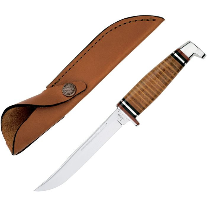 CA381 316-5 SS pattern. 9.5" (24.13cm) overall. 5" (12.7cm) mirror finish stainless clip point blade. Stacked leather handle. Nickel silver guard and aluminum pommel. Brown leather belt sheath.