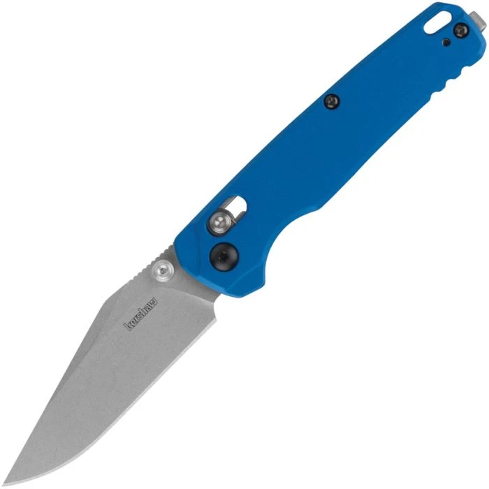 KS6106BLU Bel Air DuraLock stonewash finish CPM MagnaCut stainless clip point blade. Blue aluminum handle