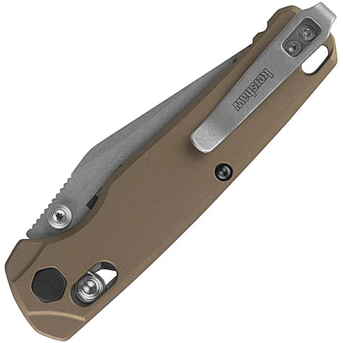 KS6106FDE Bel Air DuraLock stonewash finish CPM MagnaCut stainless clip point blade. Flat Dark Earth aluminum handle