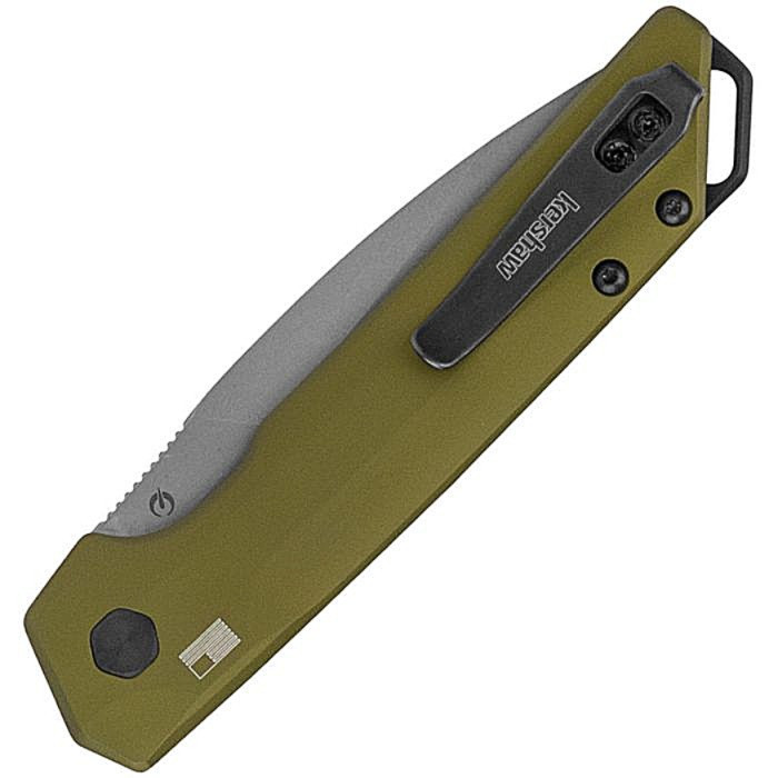 KS7038OL Auto Launch Iridium stonewash finish CPM MagnaCut stainless spear point blade. Olive anodized aluminum handle