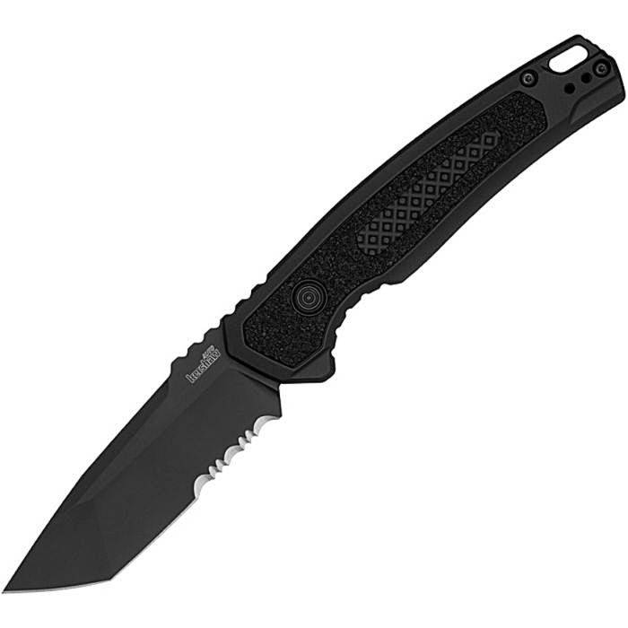 KS7105 Auto Launch 16 black Cerakote finish partially serrated CPM-M4 stainless tanto blade. Black aluminum handle with black Trac-Tec insert