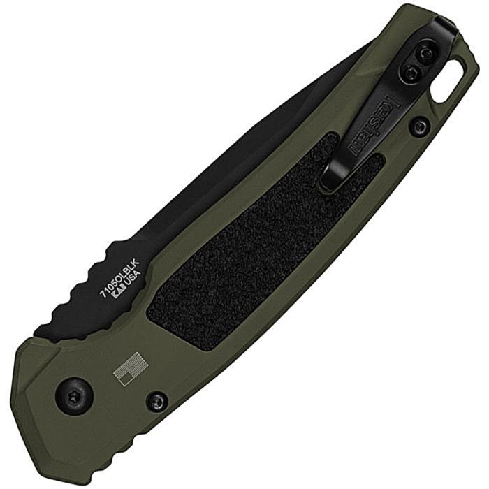 KS7105OLBLK Auto Launch 16 black Cerakote finish CPM-M4 stainless tanto blade. OD green aluminum handle with black Trac-Tec insert