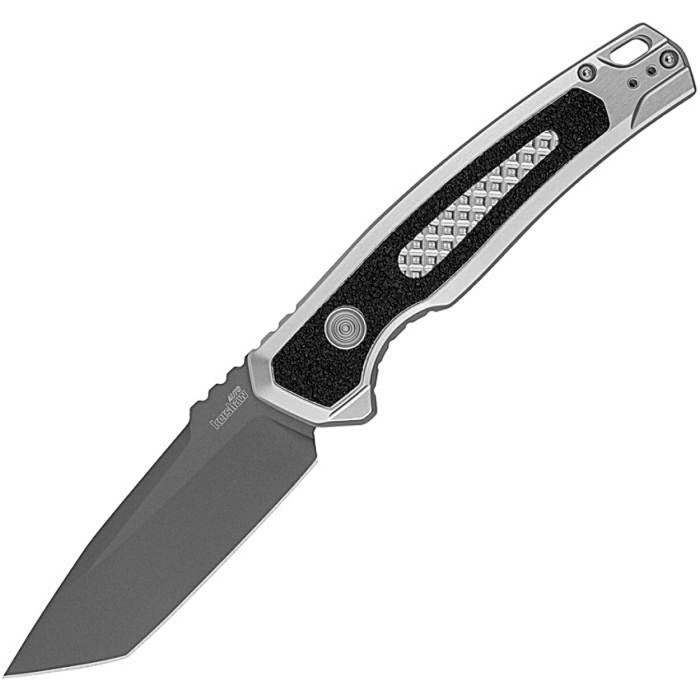 KS7105RAW Auto Launch 16 gray titanium coated CPM-M4 stainless tanto blade. Raw aluminum handle with black Trac-Tec insert