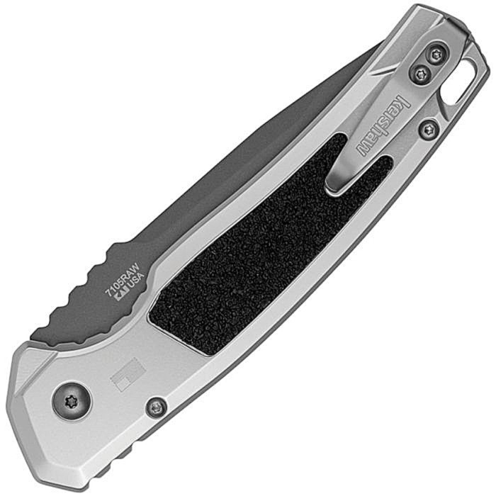 KS7105RAW Auto Launch 16 gray titanium coated CPM-M4 stainless tanto blade. Raw aluminum handle with black Trac-Tec insert
