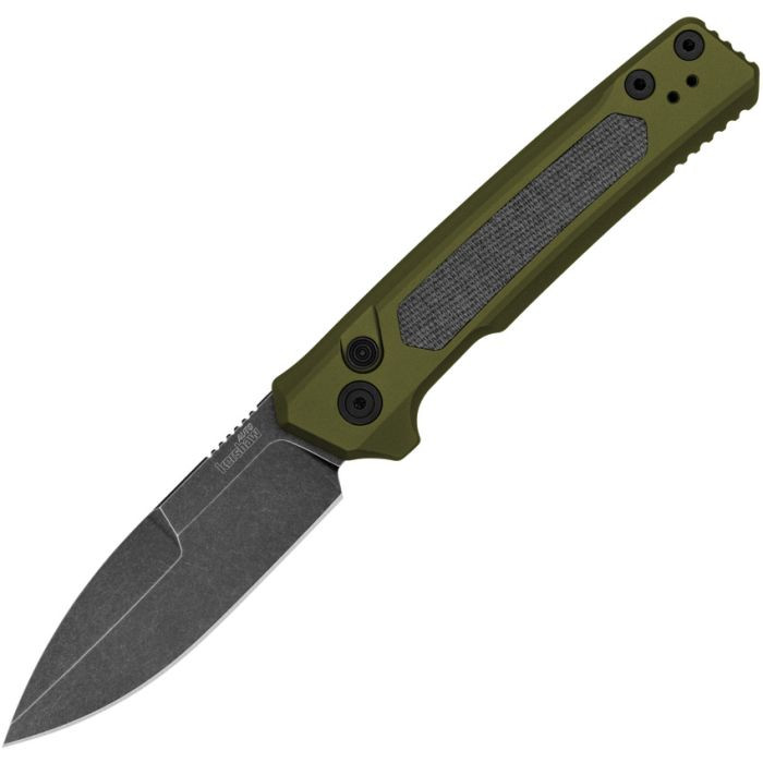 KS7205 Auto Launch 22 BlackWash finish CPM MagnaCut stainless spear point blade. OD green anodized aluminum handle with black canvas micarta insert