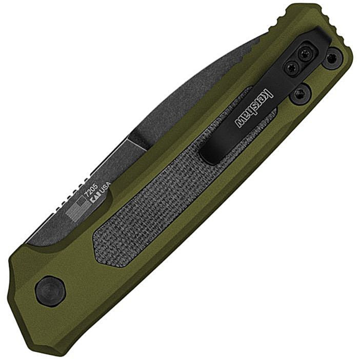 KS7205 Auto Launch 22 BlackWash finish CPM MagnaCut stainless spear point blade. OD green anodized aluminum handle with black canvas micarta insert