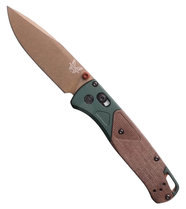 535FE-2602 AXIS LOCK Taiga Green Aluminum / Brown Canvas Micarta Handle, FDE PVD S90V Drop Point Blade Black Oxide Clip