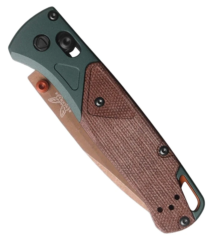 535FE-2602 AXIS LOCK Taiga Green Aluminum / Brown Canvas Micarta Handle, FDE PVD S90V Drop Point Blade Black Oxide Clip