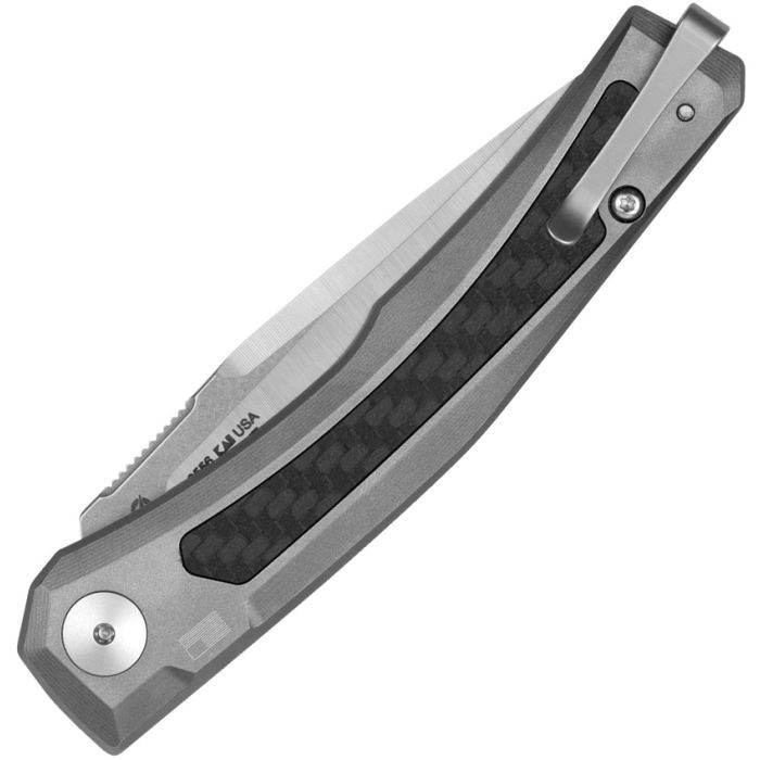 ZT0556 Stonewas and Satin CPM-MagnaCut Blade / Gray Titanium with Carbon Fiber Inlay Handle