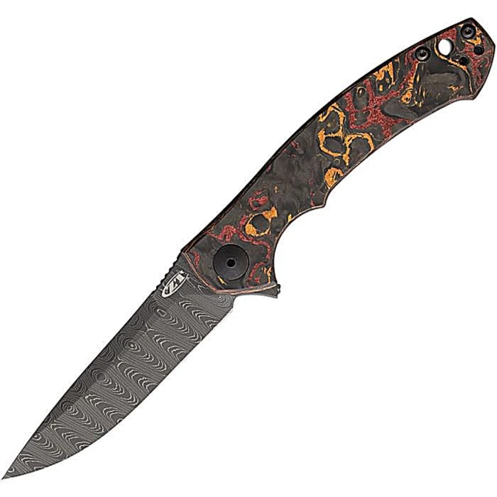 ZT0450CFDAMS Vegas Forge Stainless Damascus Blade / Black, Red, Orange, Fat Carbon Fiber Handle