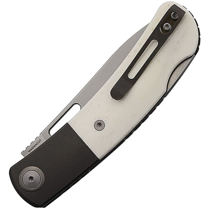 MAXMM361A Bead Blast MagnaCut Drop Point Blade / White Bone Handle, Titanium Bolsters