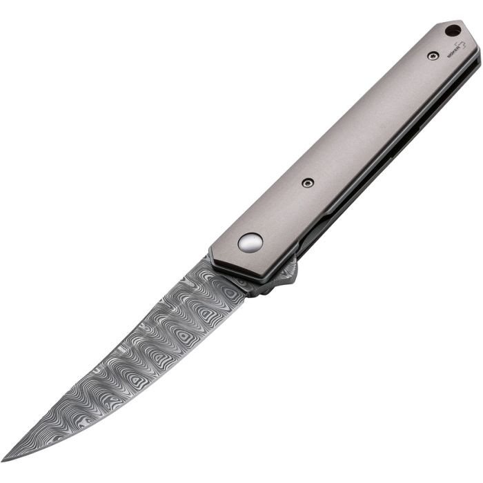 BOP01BO297DAM Damascus steel blade. Gray titanium handle.
