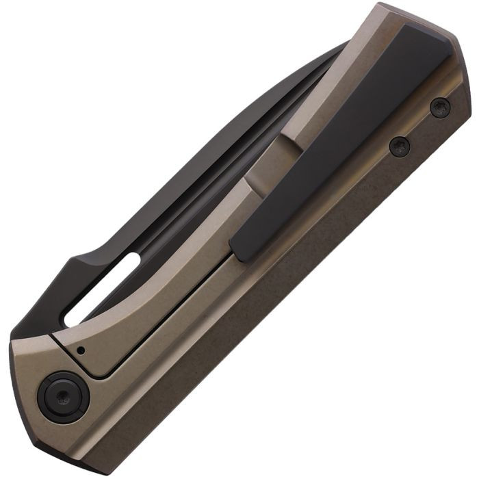 VANG019 Black PVD coated Bohler M390 stainless drop point blade. Bronze stonewash finish titanium handle with Shredded carbon fiber inlay