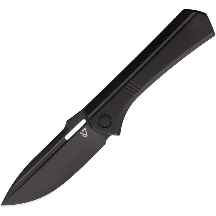 VANG021 Black PVD coated Bohler M390 stainless drop point blade. Black titanium handle