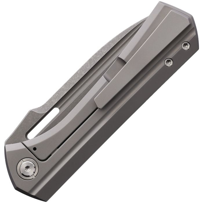 VANG017 Stonewash finish Bohler M390 stainless drop point blade. Gray titanium handle