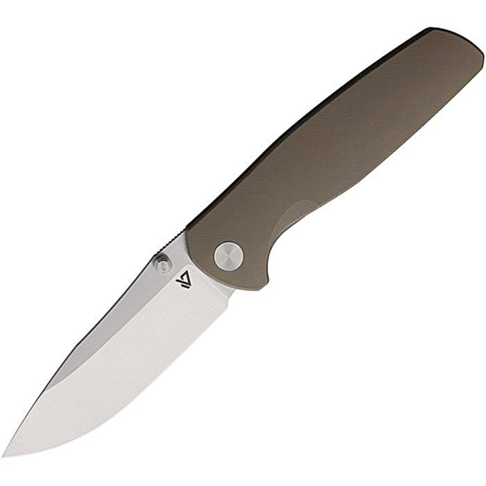 VANG044 Satin finish Bohler M390 stainless blade. Bronze stonewash finish titanium handle. Additional Timascus pocket clip