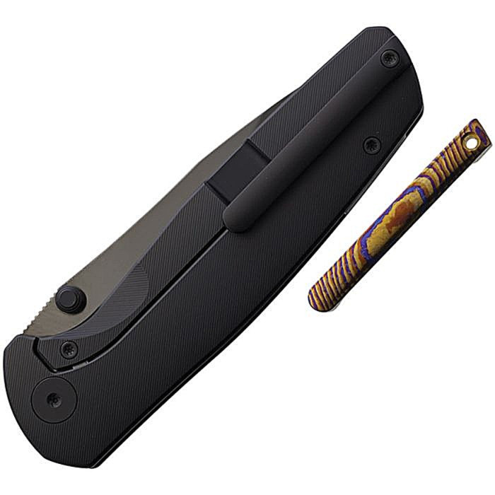 VANG045 Black finish Bohler M390 stainless blade. Black DLC Coated finish titanium handle. Additional Timascus pocket clip