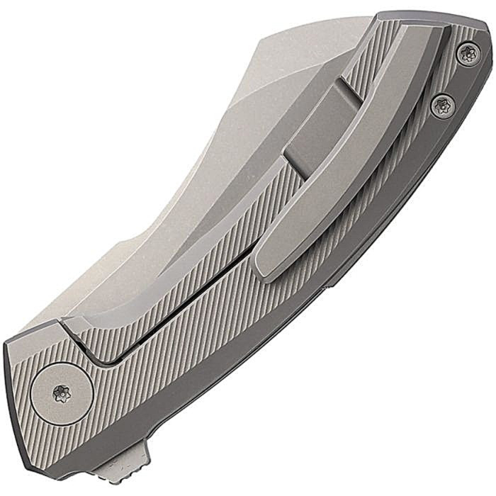 VANG011 Stonewash finish Bohler M390 stainless cleaver style blade. Gray titanium handle