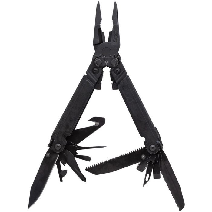 SOGPA3002CP 6.88" overall. Tools include: Awl l Bottle opener l Can opener l Flat head screwdriver l Hex/Bit driver l Metric ruler l Needlenose pliers l Phillips screwdriver l Ruler l Small screwdriver l Wire crimper l Wire cutter. Gripper I Protractor I Chisel I Magnetic bit holder I Jewelry driver. Compound leverage. Assisted open technology with blade, serrated blade, saw, and hook cutter.