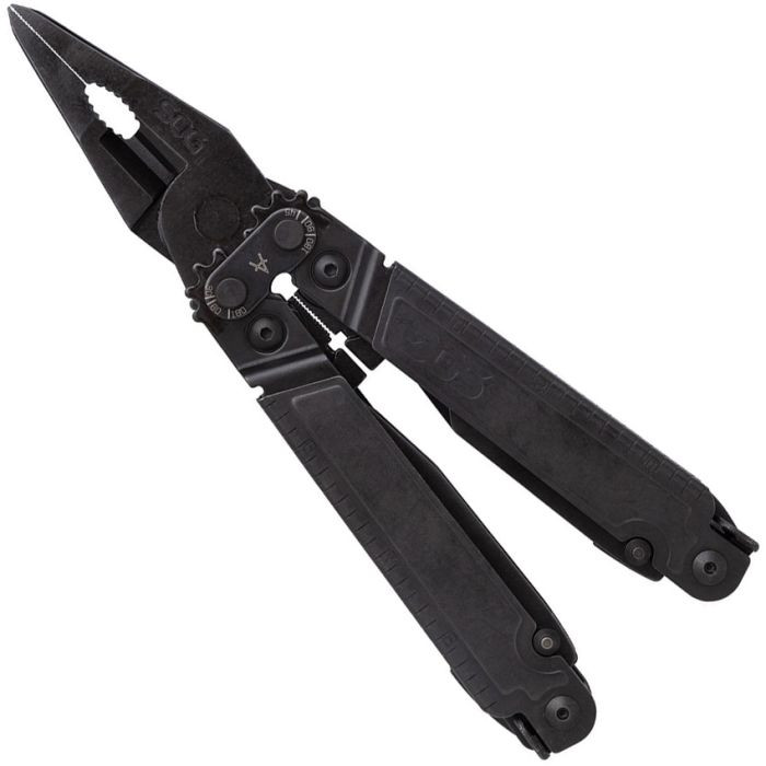 SOGPA3002CP 6.88" overall. Tools include: Awl l Bottle opener l Can opener l Flat head screwdriver l Hex/Bit driver l Metric ruler l Needlenose pliers l Phillips screwdriver l Ruler l Small screwdriver l Wire crimper l Wire cutter. Gripper I Protractor I Chisel I Magnetic bit holder I Jewelry driver. Compound leverage. Assisted open technology with blade, serrated blade, saw, and hook cutter.