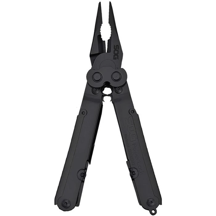 SOGB61NCP All stainless construction with black finish. Pivoting handle covers increase comfort. Features include needlenose pliers, wire cutters, wire crimper, blasting cap crimper, large screwdriver, partially serrated blade, scissors, can opener with small screwdriver tip, bottle opener with screwdriver tip, 1/4" drive, Phillips screwdriver, wood saw, awl, and metal file. Nylon belt sheath.