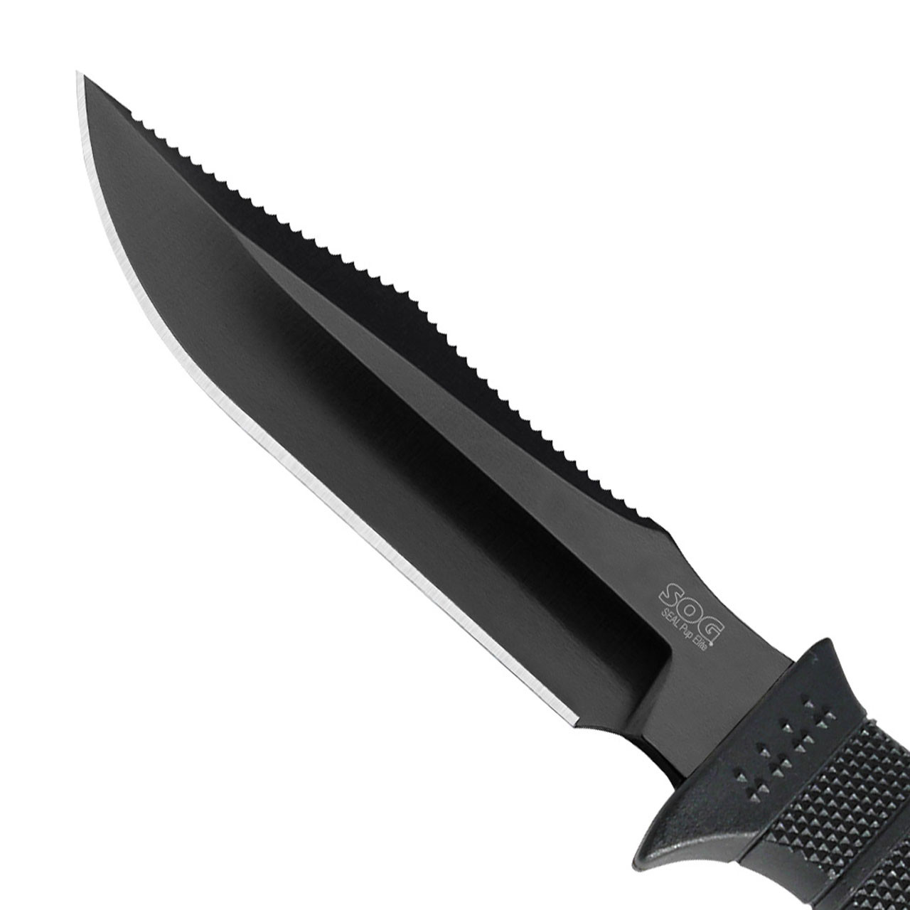SOGE37SNCP 9 1/2" overall. 4 1/2" black TiNi coated AUS-8 stainless blade. Spine rasp for notching, filing and thumb placement. Full tang. Fingergrooved black textured glass-reinforced nylon handle. Lanyard hole. Black heavy ballistic nylon MOLLE compatible belt sheath.