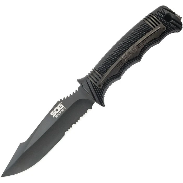 SOGSS1003CP 9 5/8" overall. 4 7/8" AUS-8 stainless partially serrated blade with black TiNi finish. Full, extended tang with strike end. Textured black glass reinforced nylon handles with black finish stainless inlay trim. Deluxe edition black hard molded nylon belt sheath with integrated line cutter with cover, built-in sharpener, and built-in ferrochromium firestarter rod.