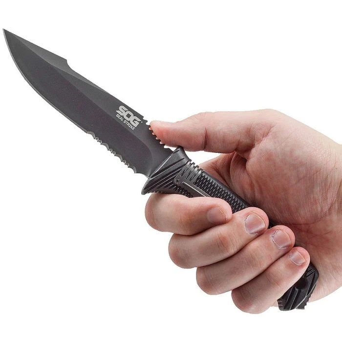 SOGSS1003CP 9 5/8" overall. 4 7/8" AUS-8 stainless partially serrated blade with black TiNi finish. Full, extended tang with strike end. Textured black glass reinforced nylon handles with black finish stainless inlay trim. Deluxe edition black hard molded nylon belt sheath with integrated line cutter with cover, built-in sharpener, and built-in ferrochromium firestarter rod.