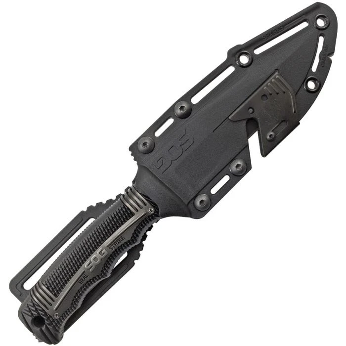 SOGSS1003CP 9 5/8" overall. 4 7/8" AUS-8 stainless partially serrated blade with black TiNi finish. Full, extended tang with strike end. Textured black glass reinforced nylon handles with black finish stainless inlay trim. Deluxe edition black hard molded nylon belt sheath with integrated line cutter with cover, built-in sharpener, and built-in ferrochromium firestarter rod.