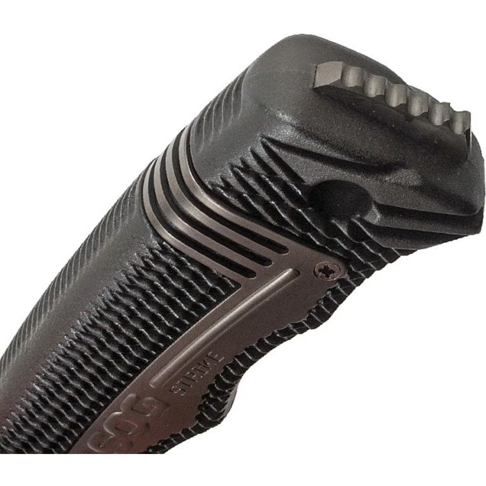 SOGSS1003CP 9 5/8" overall. 4 7/8" AUS-8 stainless partially serrated blade with black TiNi finish. Full, extended tang with strike end. Textured black glass reinforced nylon handles with black finish stainless inlay trim. Deluxe edition black hard molded nylon belt sheath with integrated line cutter with cover, built-in sharpener, and built-in ferrochromium firestarter rod.
