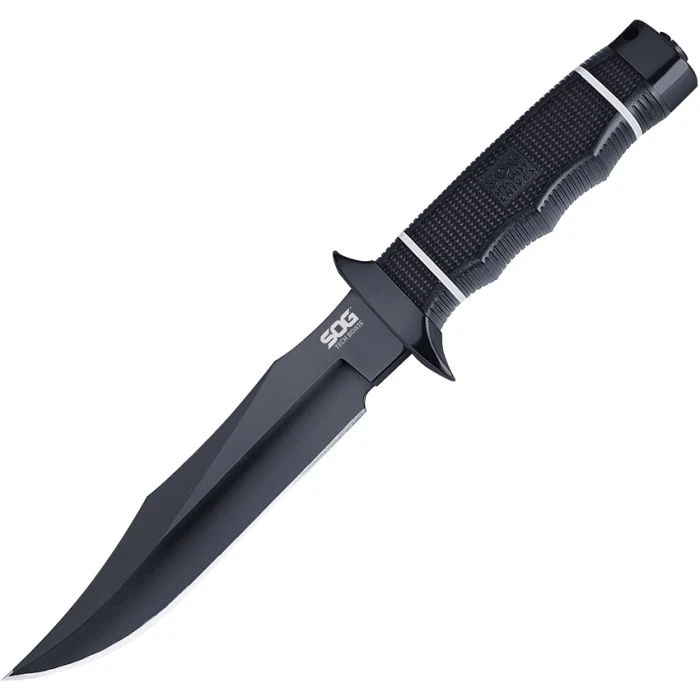 SOGS10BK 11" overall. 6 3/8" AUS-8 stainless blade with black TiNi coating. Black Kraton handle. Black TiNi coated steel guard and pommel. Kydex sheath.